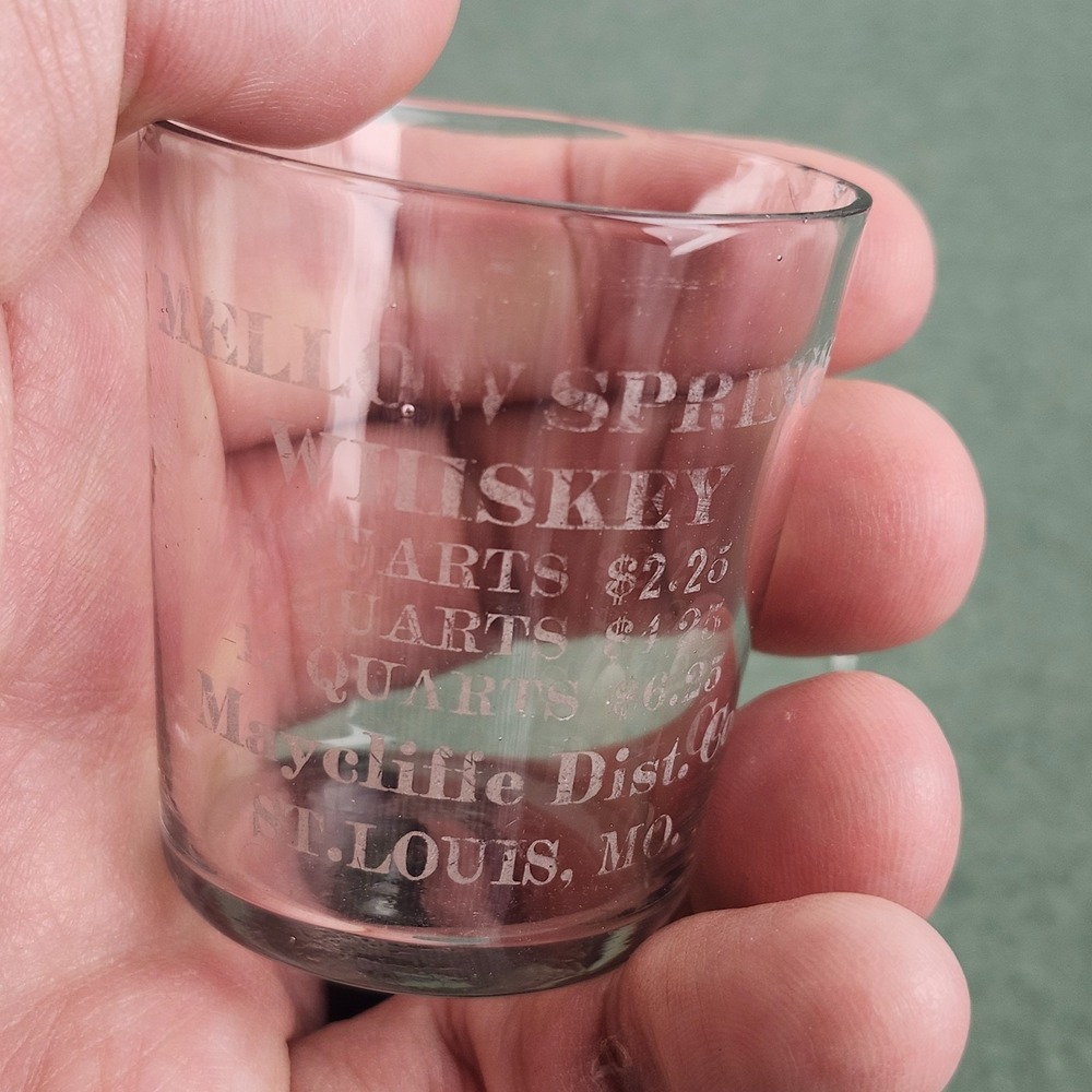 Mellow Springs Whiskey Maycliffe St.‎ Louis, Mo. Pre-Pro Shot Glass Thin Wall